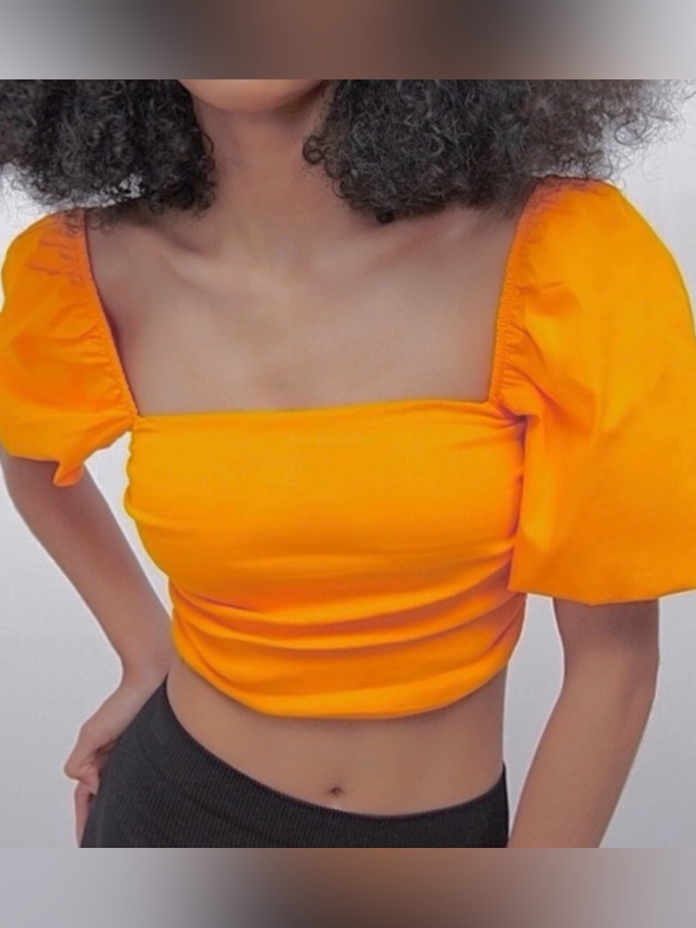 Zara Orange Puff-Sleeve Square-Neck Crop Top